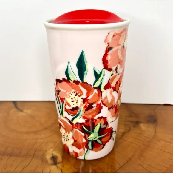Starbucks | Dining | 25 Starbucks Ceramic Travel Mug With Lid Floral Poppy  Red Flowers | Poshmark